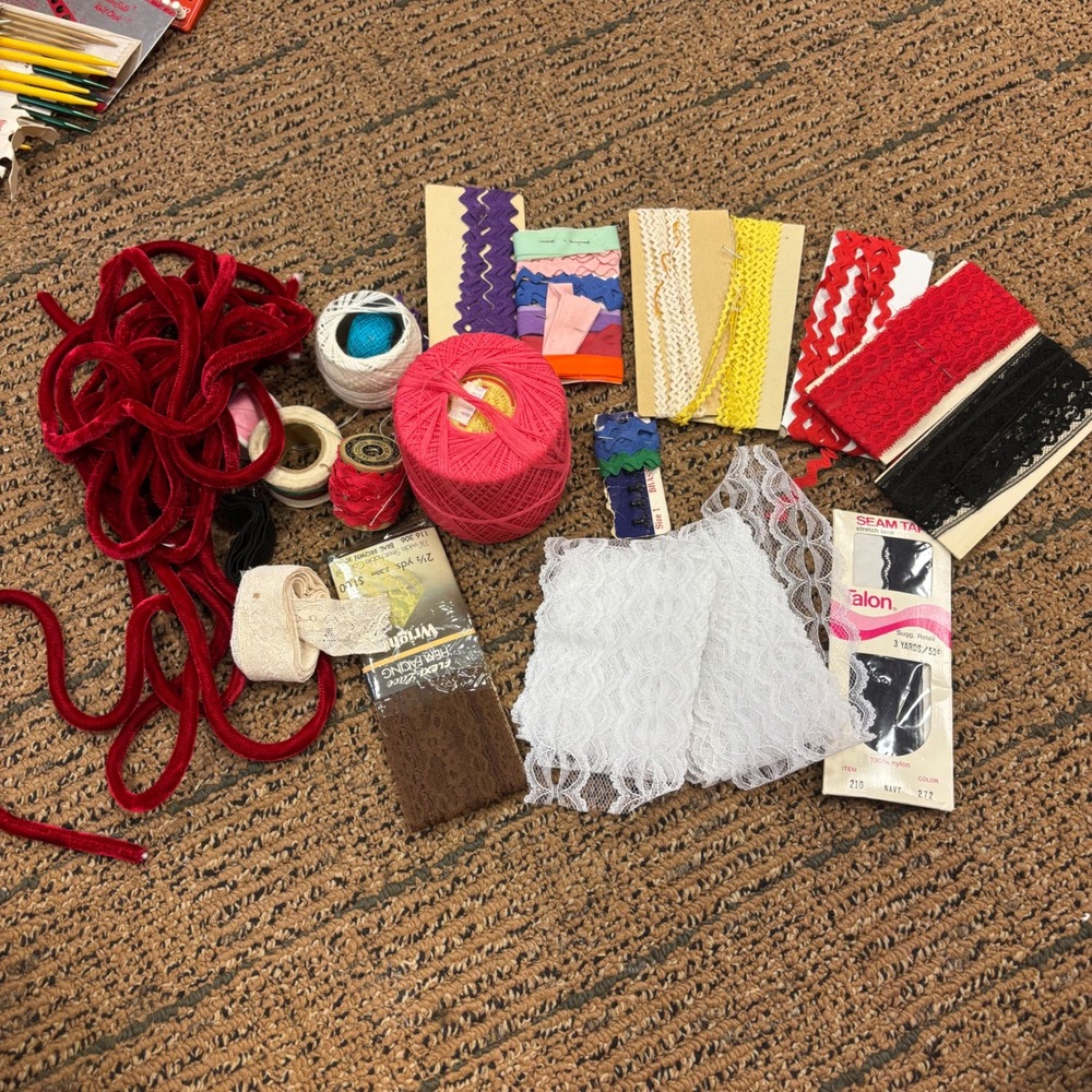 Vintage Sewing Notions Lot Lace Trim RickRack Velvet Ribbon CrochetThread Spools